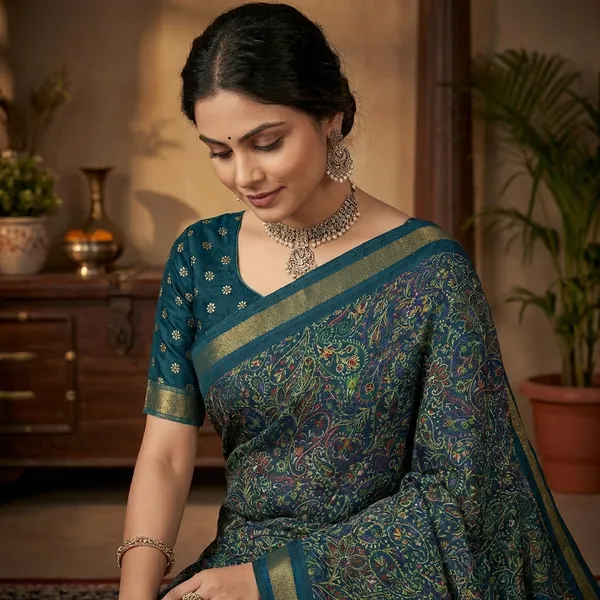 Teal_Elegant_Floral_Print_Ajrakh_Saree_For_Women_|_With_Blouse_Piece