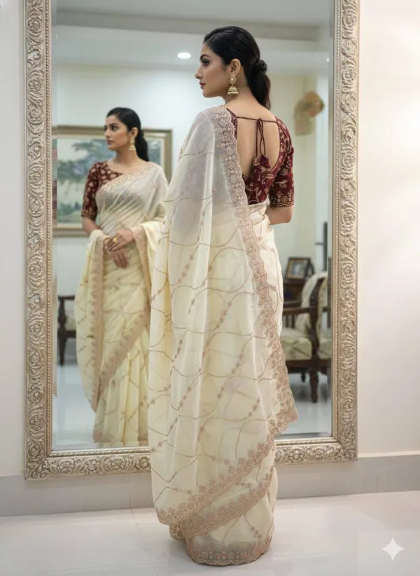 Cream_Elegant_Embroidered_Saree_With_Designer_Blouse_For_Women_|_With_Blouse_Piece
