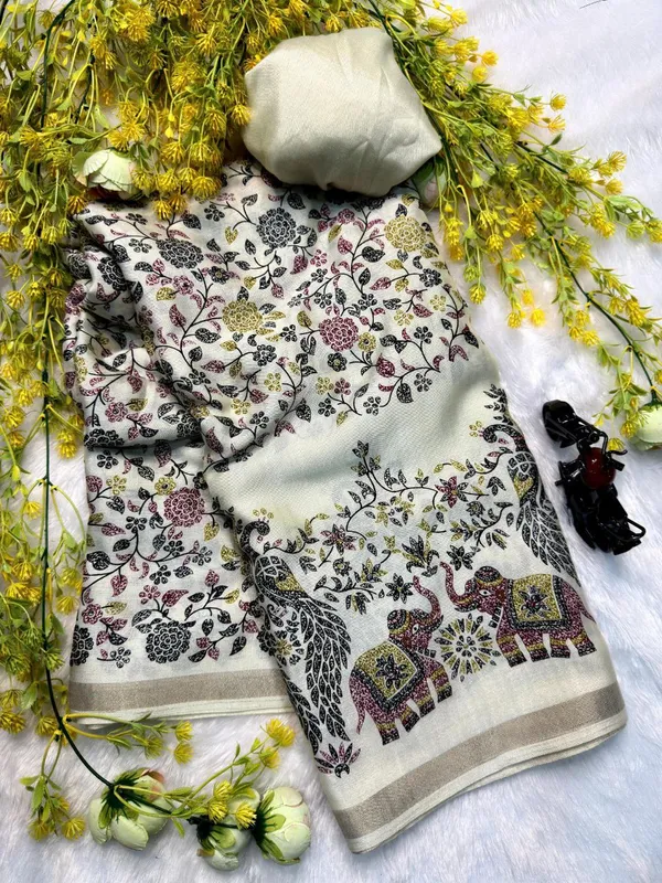 White_Mul_Cotton_Elephant_Motf_Saree_For_Women_|_With_Blouse_Piece