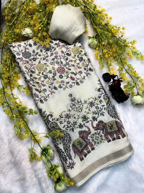White_Mul_Cotton_Elephant_Motf_Saree_For_Women_|_With_Blouse_Piece
