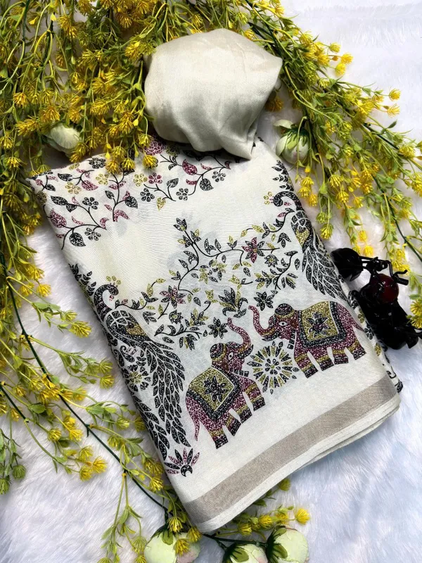 White_Mul_Cotton_Elephant_Motf_Saree_For_Women_|_With_Blouse_Piece
