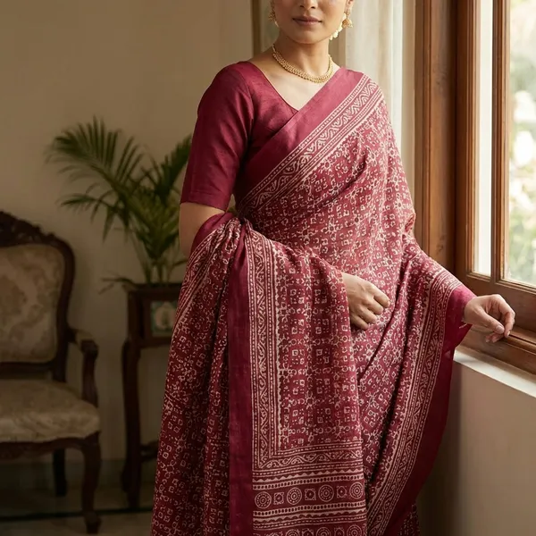Red_Batik_Print_Saree_For_Women_|_With_Blouse_Piece