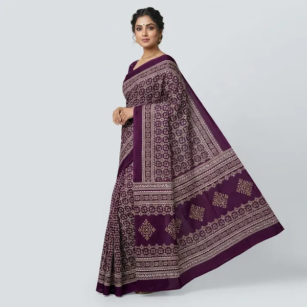 Wine_Batik_Print_Saree_With__Blouse_|_With_Blouse_Piece
