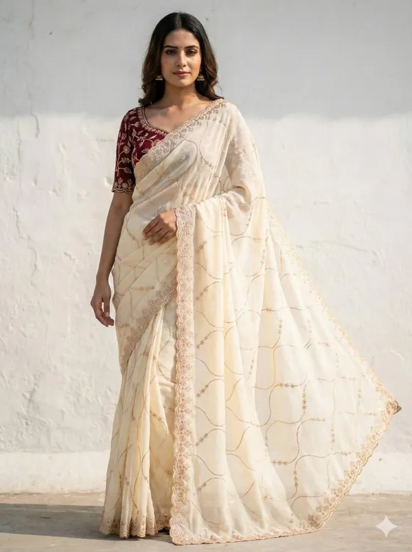 Cream_Elegant_Embroidered_Saree_With_Designer_Blouse_For_Women_|_With_Blouse_Piece