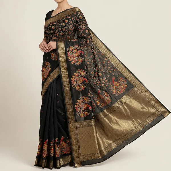 Black_Ajrakh_Printed_Saree_With_Golden_Border_For_Women_|_With_Blouse_Piece