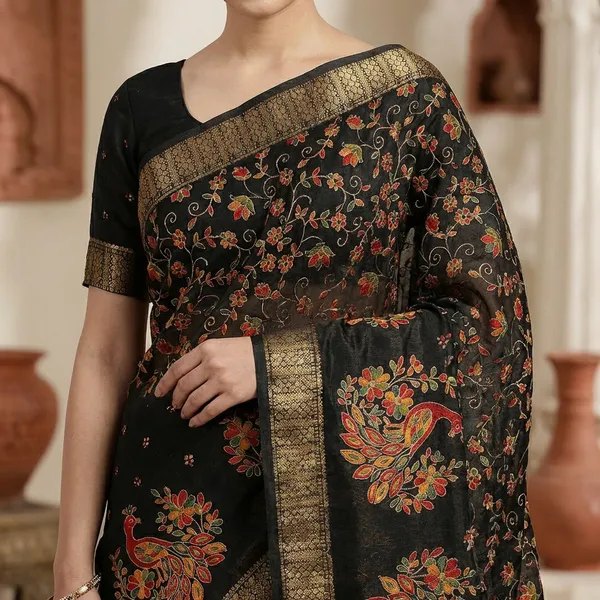Black_Ajrakh_Printed_Saree_With_Golden_Border_For_Women_|_With_Blouse_Piece