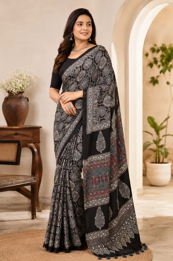 Black_Ajrakh_Modal_Silk_Saree_with_Rich_Pallu_|_With_Blouse_Piece