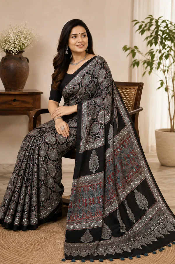 Black_Ajrakh_Modal_Silk_Saree_with_Rich_Pallu_|_With_Blouse_Piece