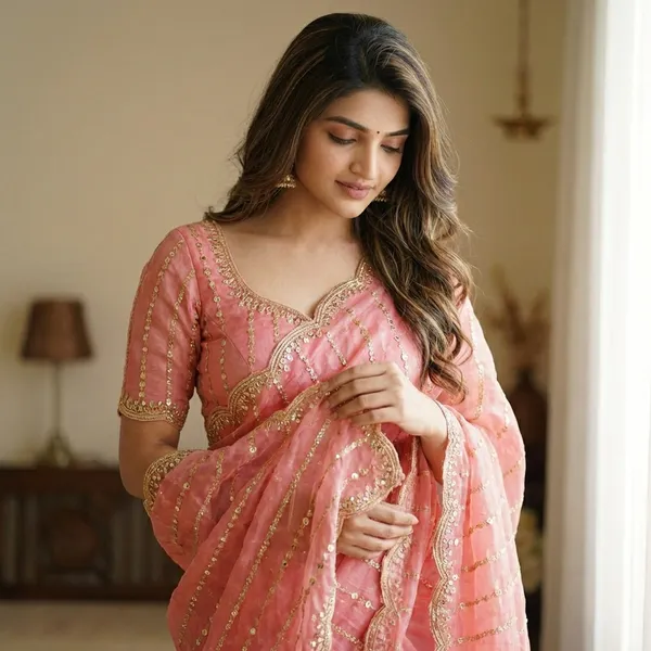 Peach_Elegant_Embroidery_work__Saree_For_Women_|_With_Blouse_Piece