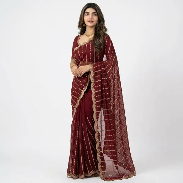 Red_Embroidery_Work_Saree_With_Scalloped_Border_For_Women_|_With_Blouse_Piece