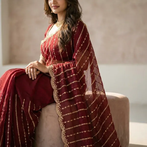 Red_Embroidery_Work_Saree_With_Scalloped_Border_For_Women_|_With_Blouse_Piece
