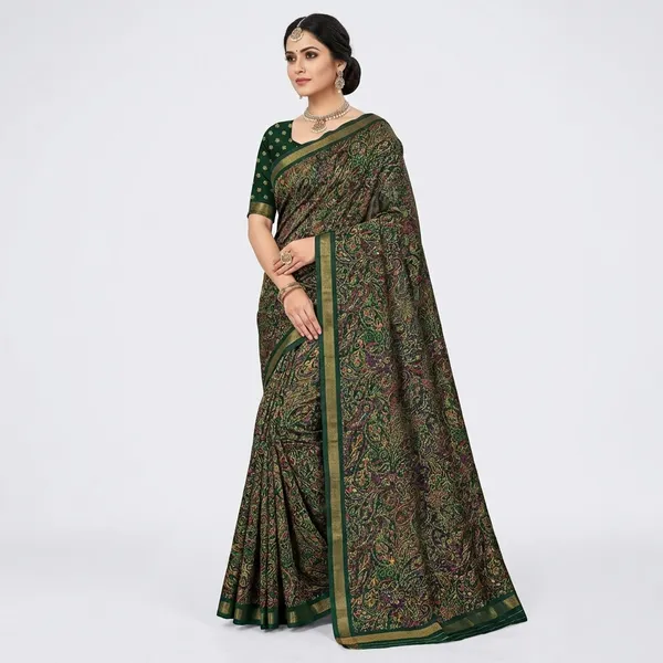 Dark_Green_Printed_Saree_With_Blouse_Piece_For_Women_|_With_Blouse_Piece