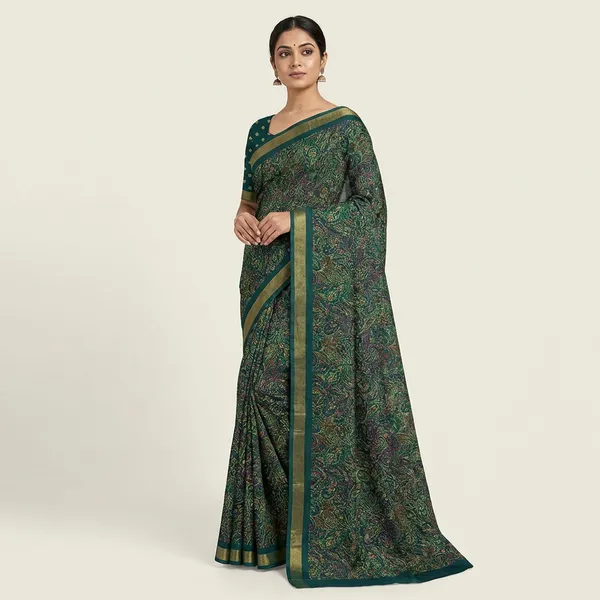 Green_Ajarakh_Printed_Saree_With_Blouse_Piece_For_Women_|_With_Blouse_Piece