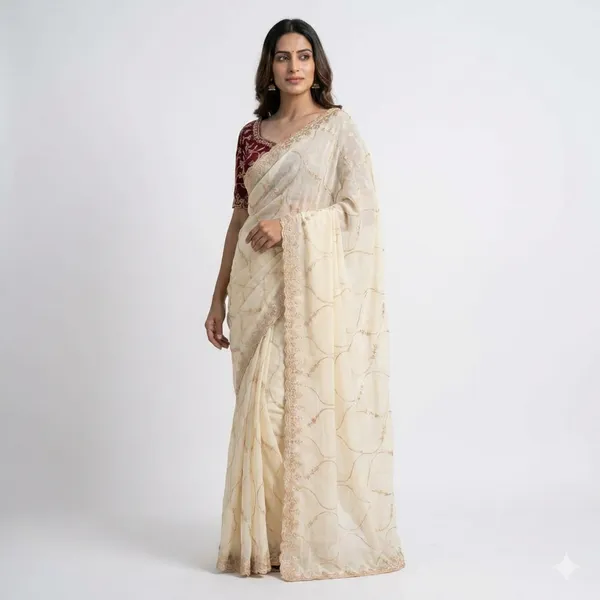 Cream_Elegant_Embroidered_Saree_With_Designer_Blouse_For_Women_|_With_Blouse_Piece