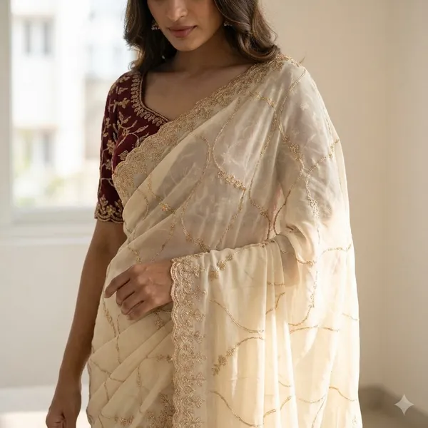 Cream_Elegant_Embroidered_Saree_With_Designer_Blouse_For_Women_|_With_Blouse_Piece