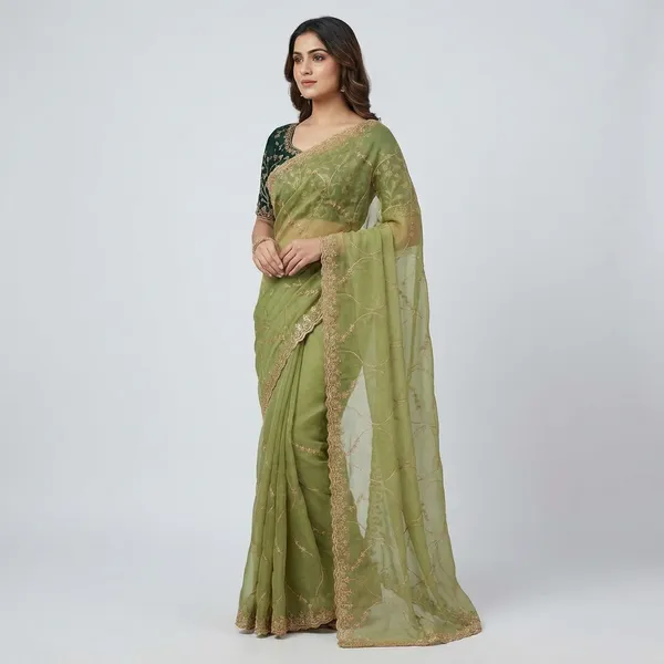 Green_Elegant_Embroidered_Saree_With_Designer_Blouse_For_Women_|_With_Blouse_Piece