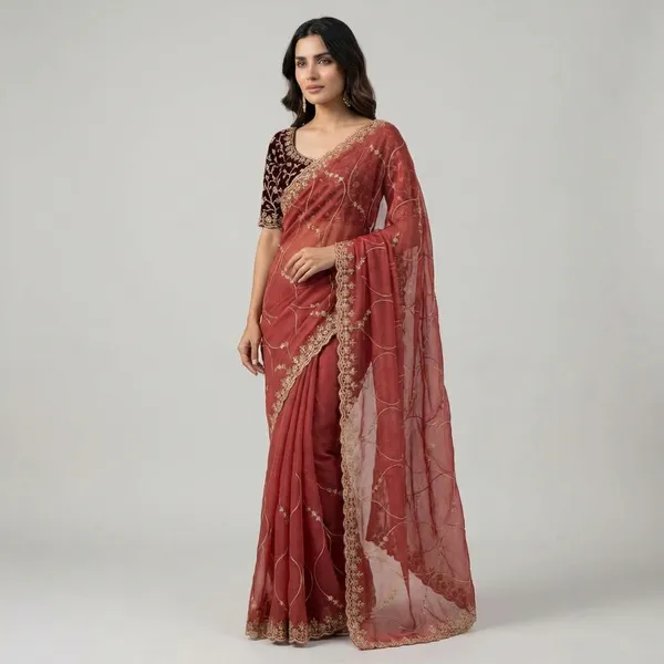 Red_Elegant_Embroidered_Saree_With_Designer_Blouse_For_Women_|_With_Blouse_Piece