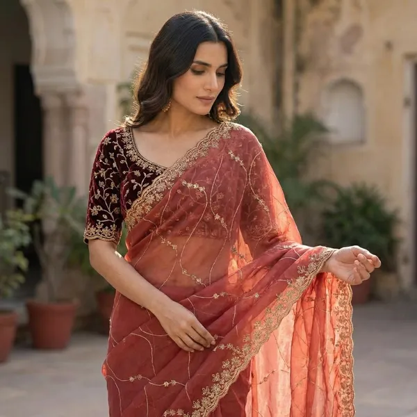 Red_Elegant_Embroidered_Saree_With_Designer_Blouse_For_Women_|_With_Blouse_Piece
