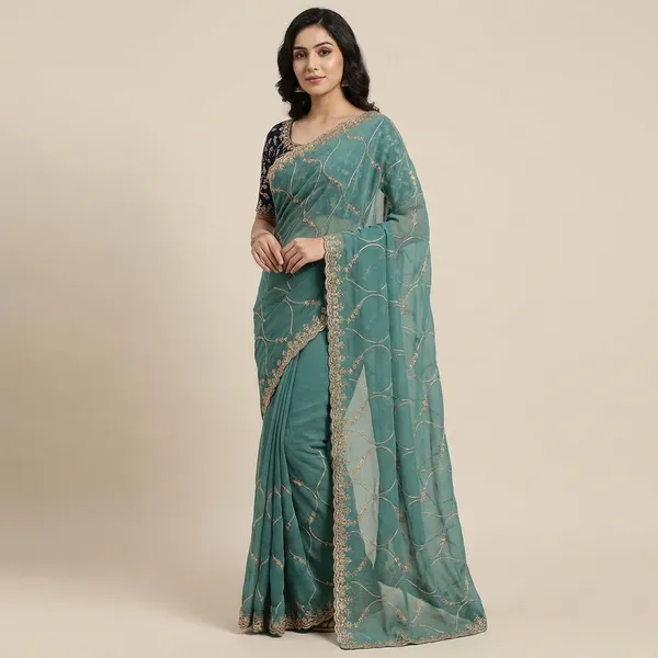 Teal_Elegant_Embroidered_Saree_With_Designer_Blouse_For_Women_|_With_Blouse_Piece
