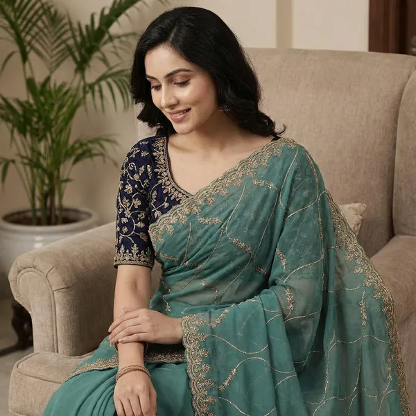 Teal_Elegant_Embroidered_Saree_With_Designer_Blouse_For_Women_|_With_Blouse_Piece