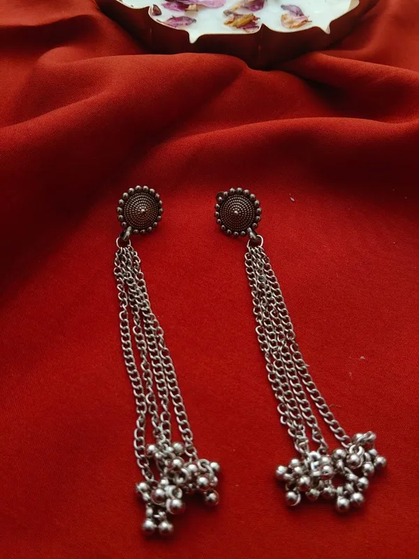 Oxidized_Silver_Tassel_Earrings_With_Floral_Stud_Design_(Pack_Of_2)