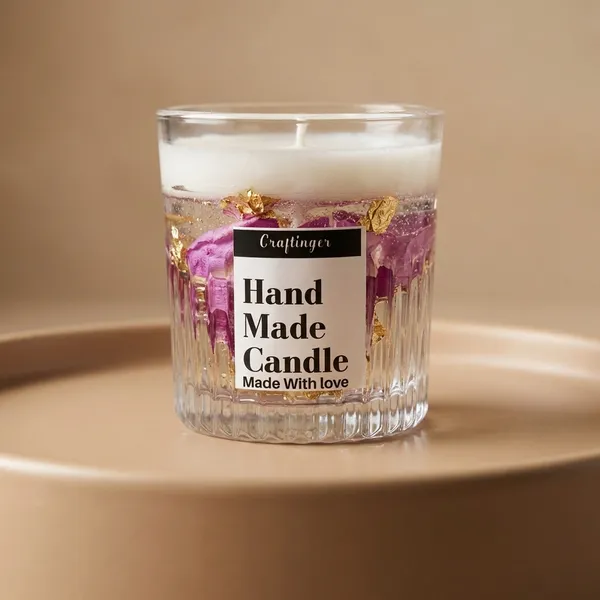 Handmade_Decorative_Candle_With_Gold_Foil_And_Purple_Floral_Design