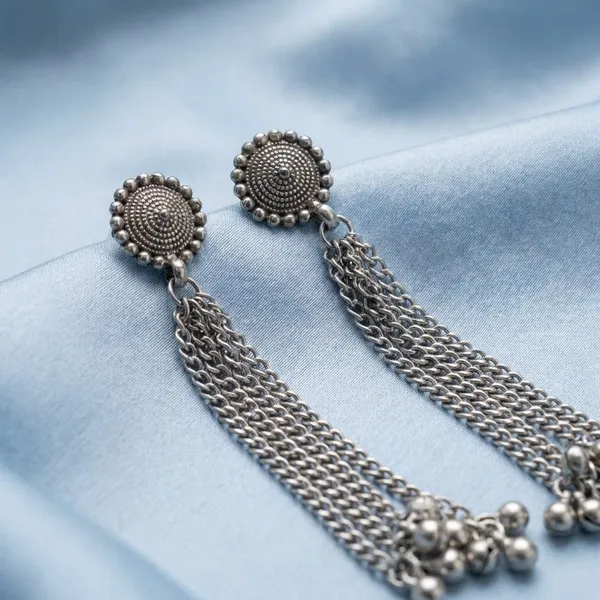 Oxidized_Silver_Tassel_Earrings_With_Floral_Stud_Design_(Pack_Of_2)
