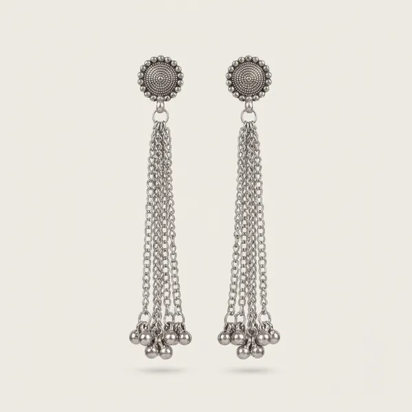 Oxidized_Silver_Tassel_Earrings_With_Floral_Stud_Design_(Pack_Of_2)