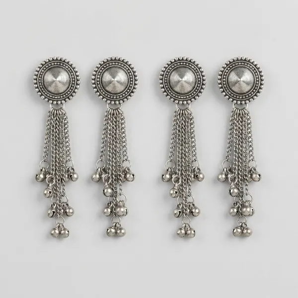 Oxidized_Silver_Tassel_Earrings_With_Floral_Stud_Design_(Pack_Of_2)
