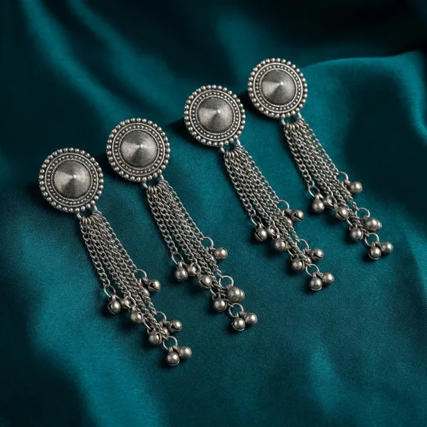 Oxidized_Silver_Tassel_Earrings_With_Floral_Stud_Design_(Pack_Of_2)