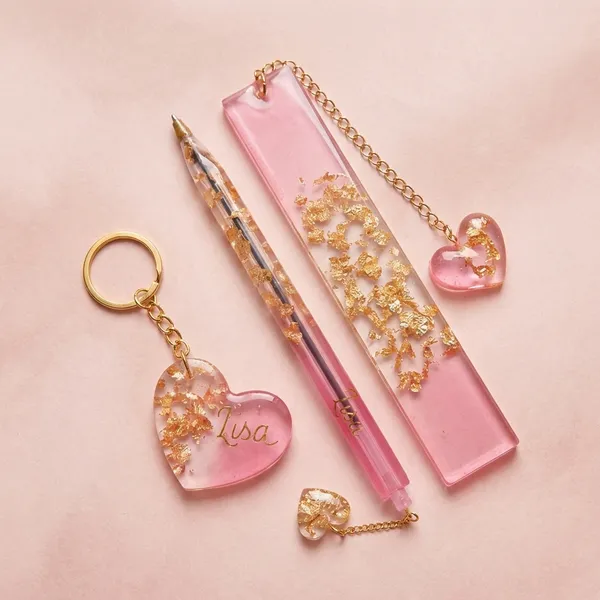 Personalized_Pink_Resin_Stationery_Set_With_Gold_Foil_-_Bookmark,_Keychain_&_Pen