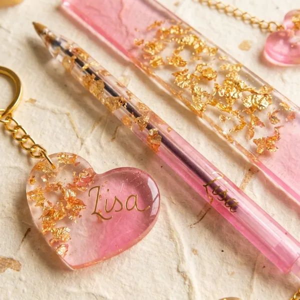 Personalized_Pink_Resin_Stationery_Set_With_Gold_Foil_-_Bookmark,_Keychain_&_Pen