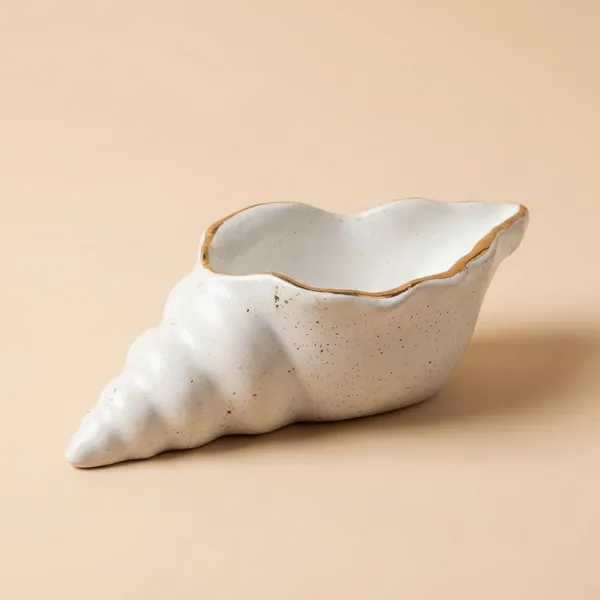 White_Ceramic_Decorative_Shell_Bowl_With_Gold_Rim