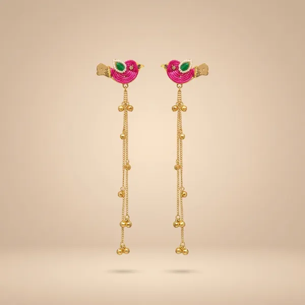 Handcrafted_Pink_Bird_Earrings_With_Golden_Danglers