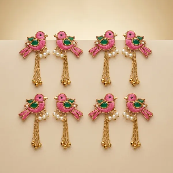 Handcrafted_Pink_Bird_Earrings_With_Golden_Danglers