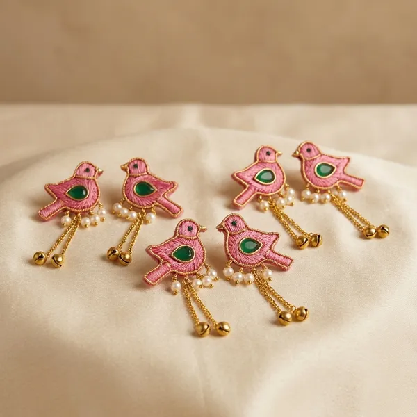 Handcrafted_Pink_Bird_Earrings_With_Golden_Danglers