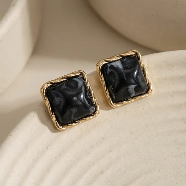 Black_Marbled_Square_Stud_Earrings_With_Gold_Border