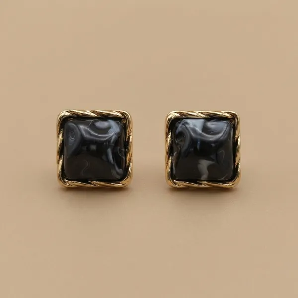 Black_Marbled_Square_Stud_Earrings_With_Gold_Border