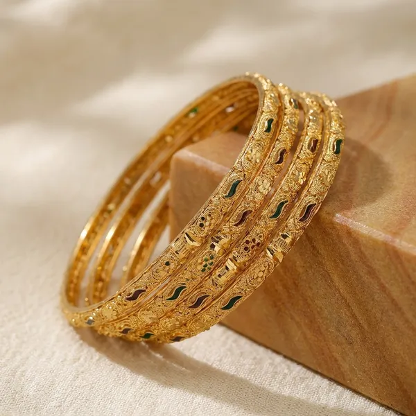 Golden_Bangles_With_Green_Stone_Accents_Traditional_Set_Of_4