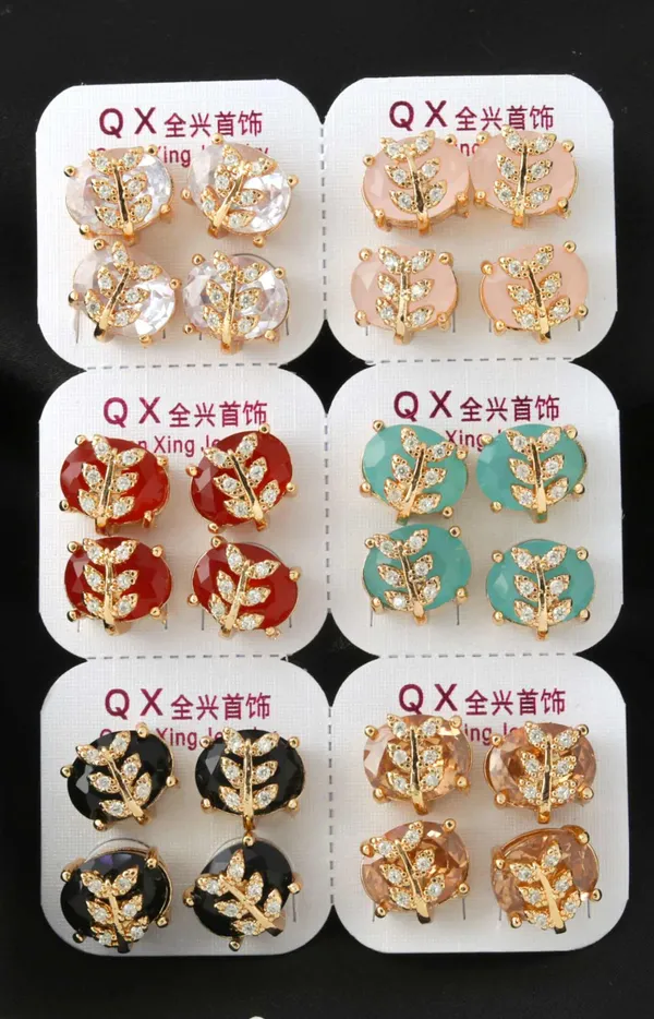 Crystal_And_Gemstone_Leaf_Design_Stud_Earrings_Elegant_Set