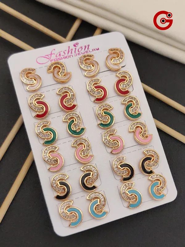 Enamel_S_Shaped_Stud_Earrings_Fashion_Set_Of_12_Pairs