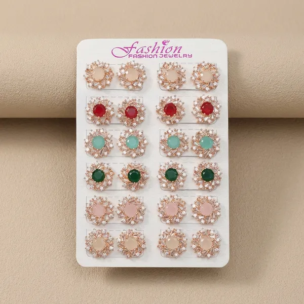 Multicolor_Crystal_Flower_Stud_Earrings_Elegant_Set_Of_12_Pairs