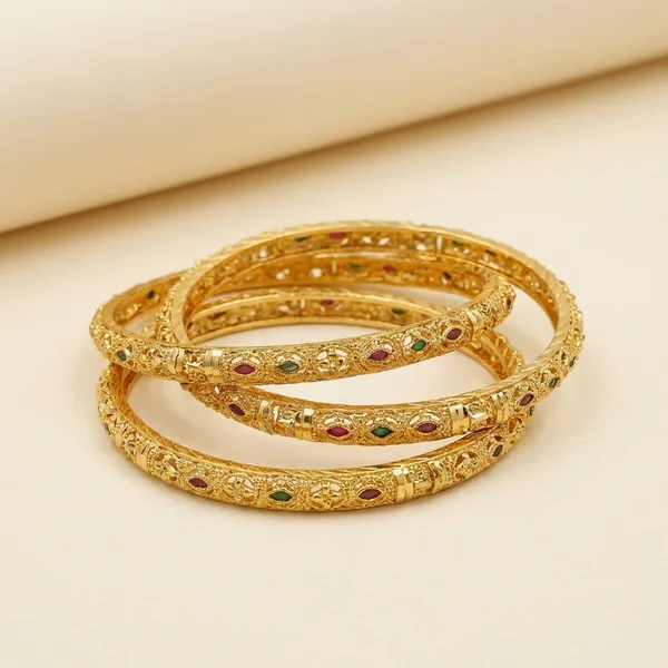 Gold_Plated_Bangles_With_Black_Stone_Accents_Traditional_Set_Of_4