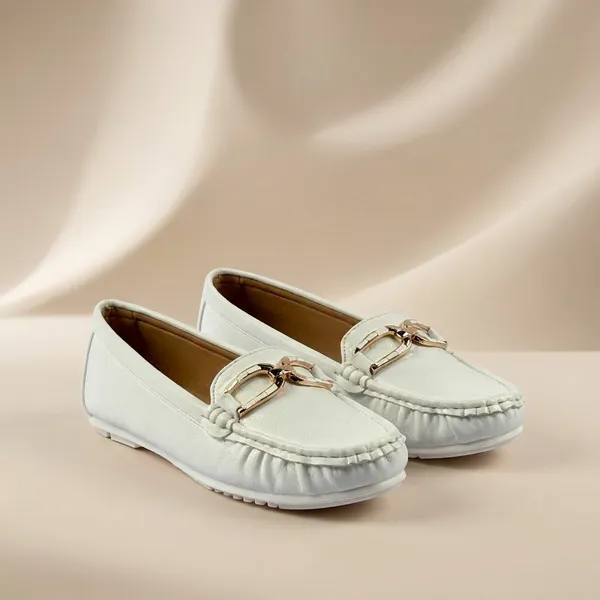 White_Leather_Loafers_With_Metal_Buckle_Detail_For_Women