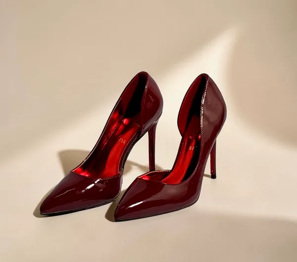 Glossy_Deep_Red_Patent_Stiletto_Heels_With_D'Orsay_Cut