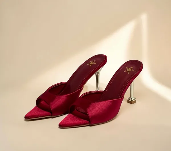 Women'S_Burgundy_Satin_Pointed-Toe_Mule_Heels_With_Metallic_Heel