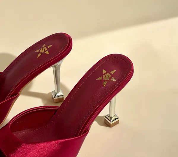 Women'S_Burgundy_Satin_Pointed-Toe_Mule_Heels_With_Metallic_Heel
