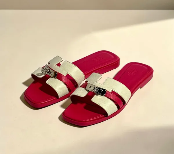 Women's_Red_And_White_H-Strap_Slide_Sandals_With_Metal_Hardware