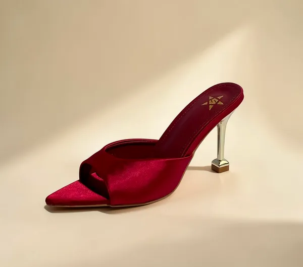 Women'S_Burgundy_Satin_Pointed-Toe_Mule_Heels_With_Metallic_Heel