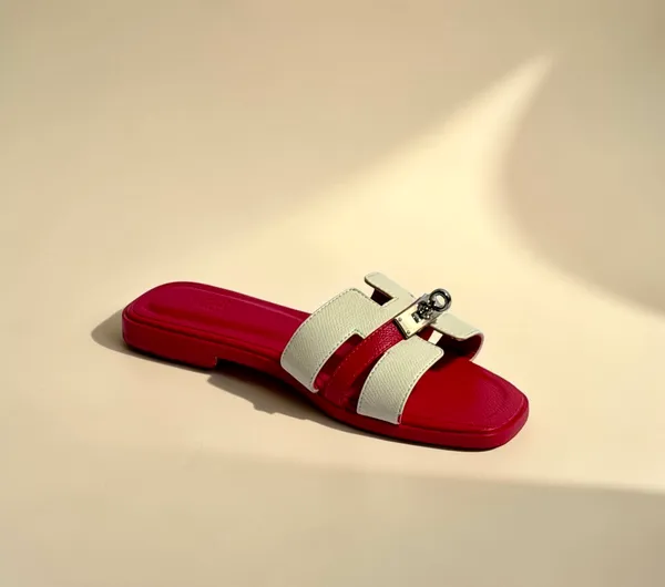 Women's_Red_And_White_H-Strap_Slide_Sandals_With_Metal_Hardware